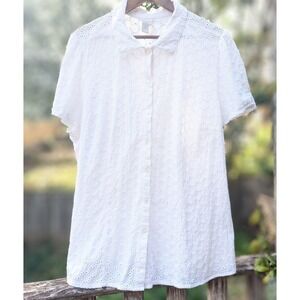18 / 20 Plus Cotton Venezia White Eyelet Short Sleeve Button Down Shirt Blouse